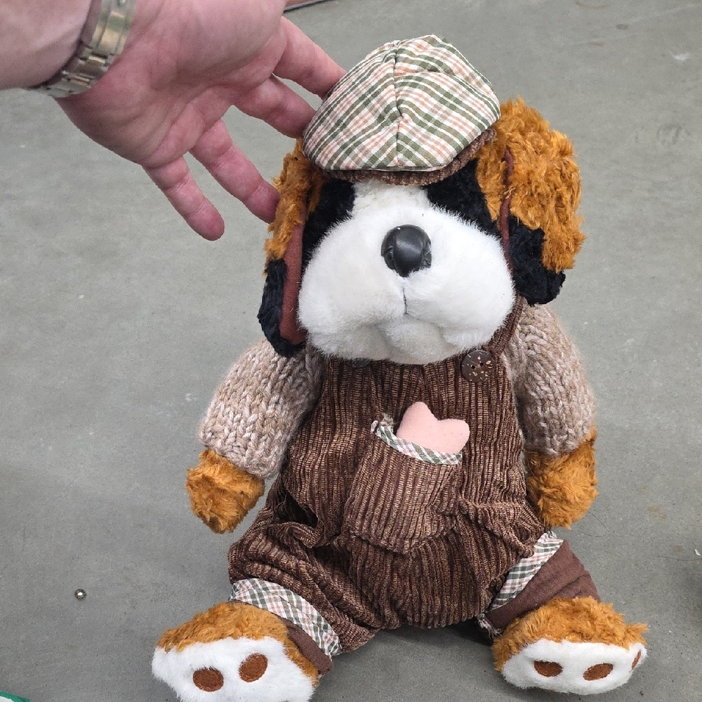 2001 Hugfun St. Bernard Dog Plush Overalls Sweater Hat and Bone 17"